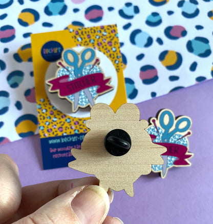 Stitcher Wooden Pin badge